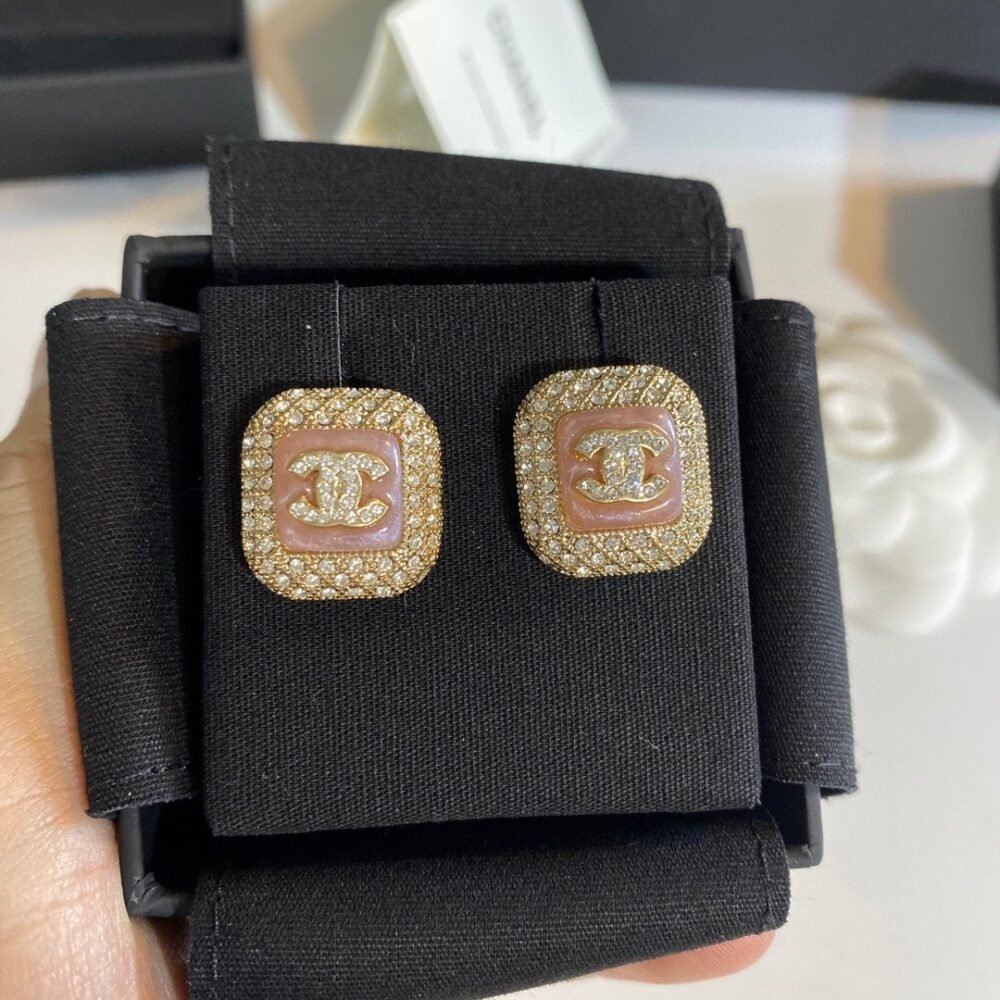 Chanel Square Resin CC Crystal Earrings Gold Pink