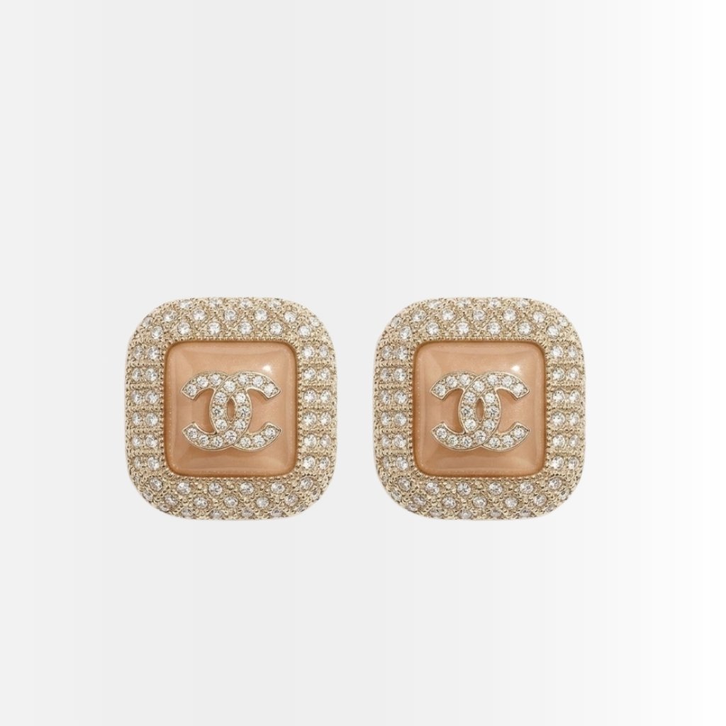 Chanel Square Resin CC Crystal Earrings Gold Pink