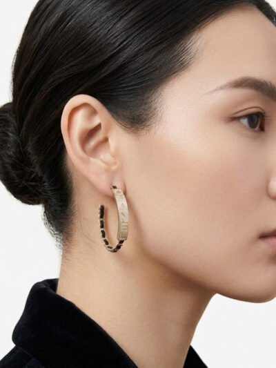 Chanel Strass Chain Hoop Earrings Gold Metal And Black Leather