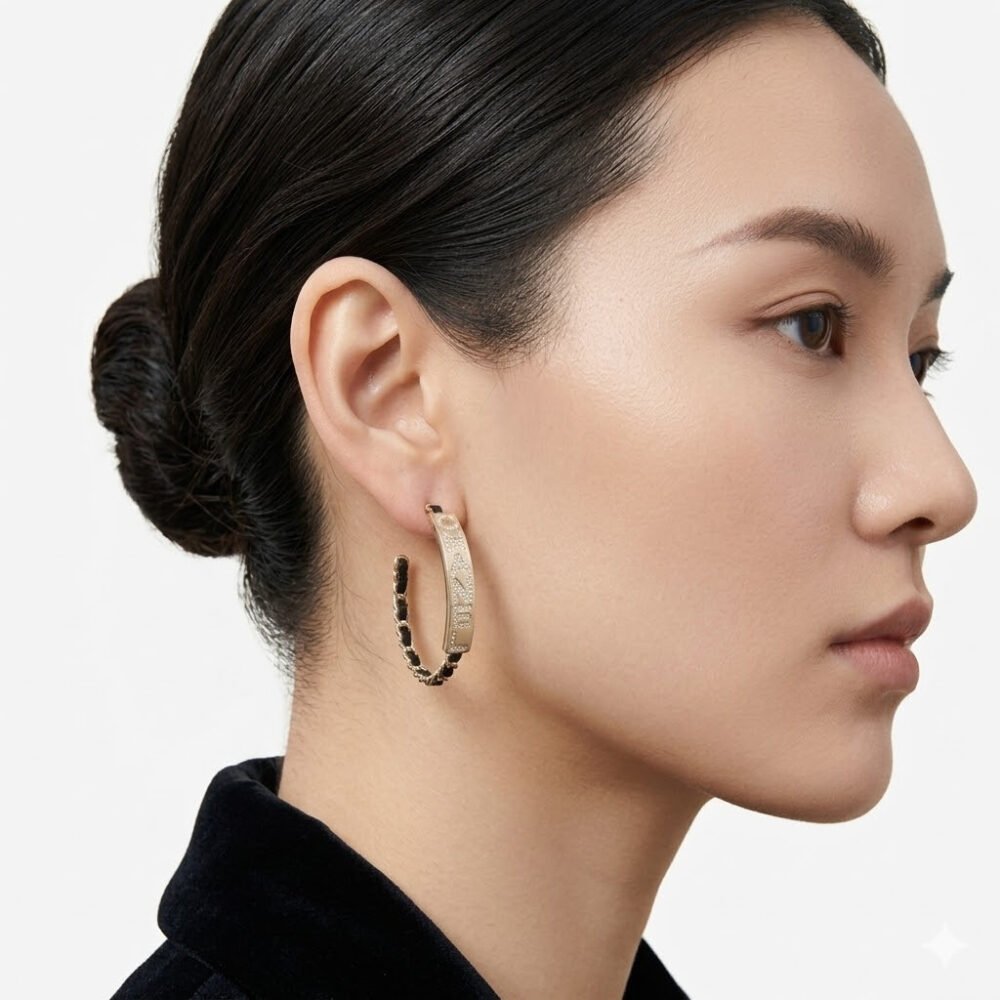 Chanel Strass Chain Hoop Earrings Gold Metal And Black Leather