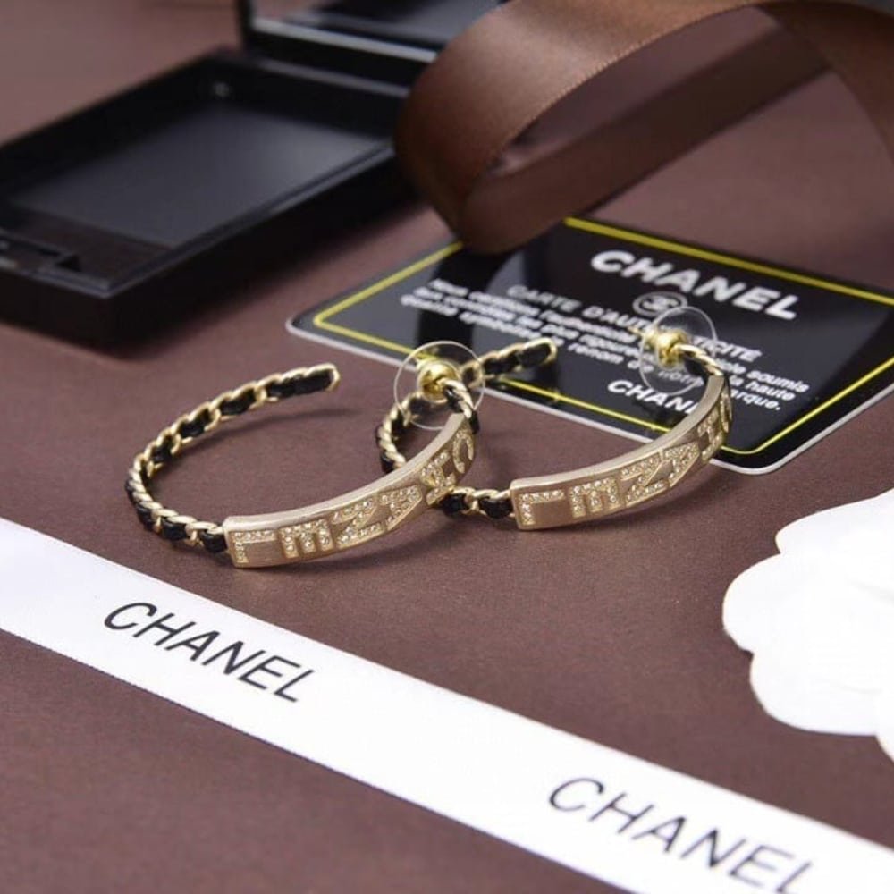 Chanel Strass Chain Hoop Earrings Gold Metal And Black Leather