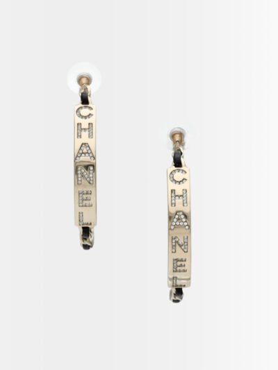 Chanel Strass Chain Hoop Earrings Gold Metal And Black Leather