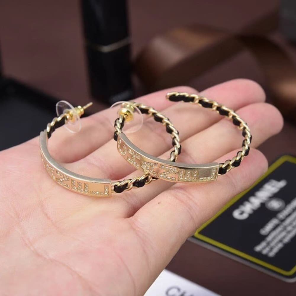 Chanel Strass Chain Hoop Earrings Gold Metal And Black Leather