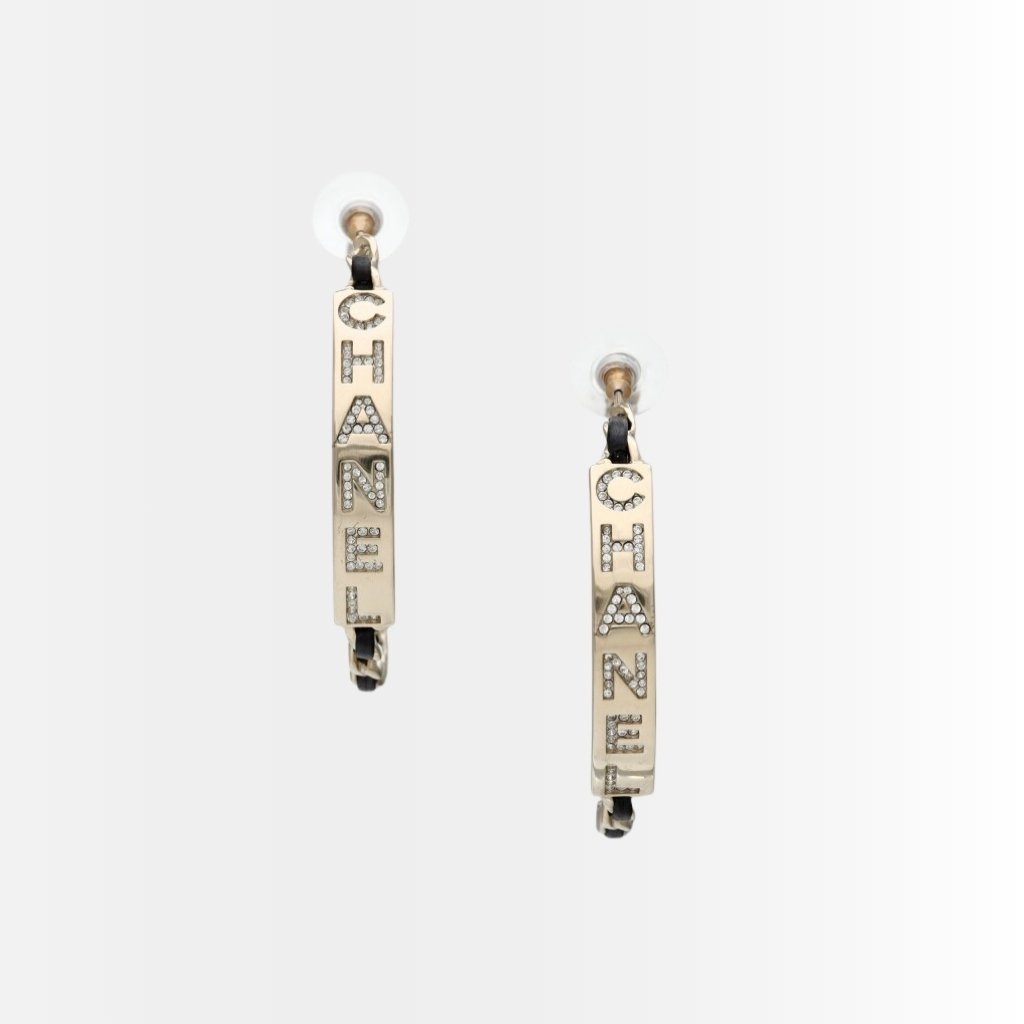 Chanel Strass Chain Hoop Earrings Gold Metal And Black Leather