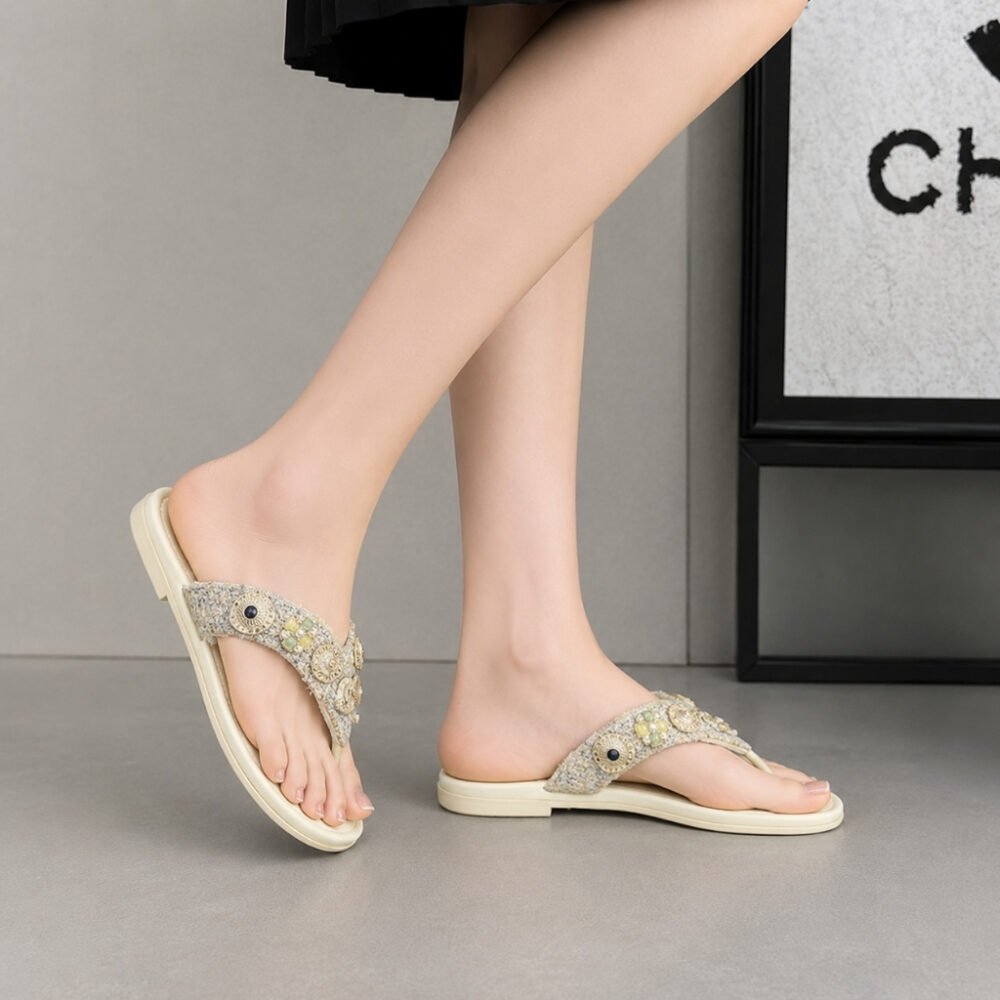 Chanel Thong Jewel Embellished Cream
