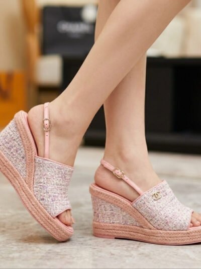 Chanel Tweed Wedge Sandals Light Pink