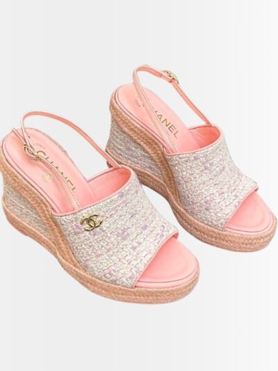 Chanel Tweed Wedge Sandals Light Pink