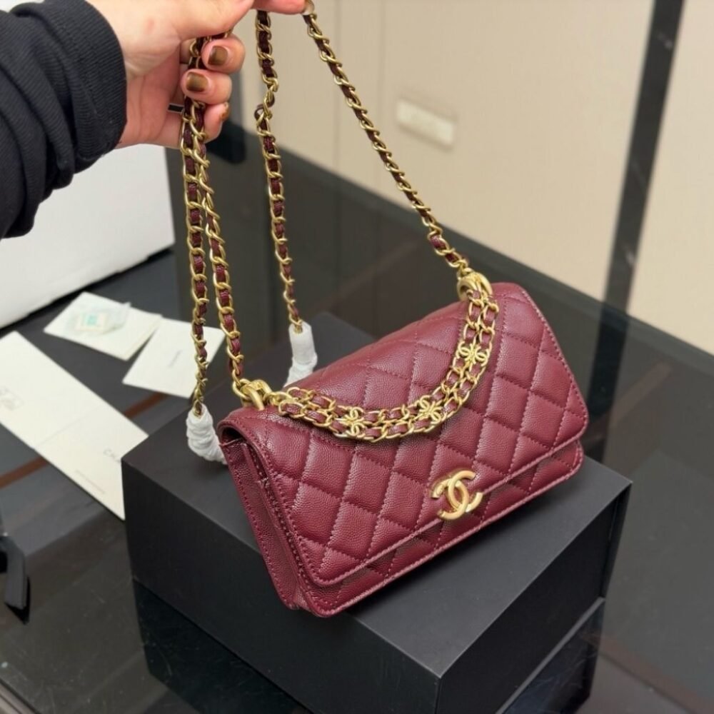 Chanel Wallet On Chain Gold Tone Metal Dark Burgundy 19Cm