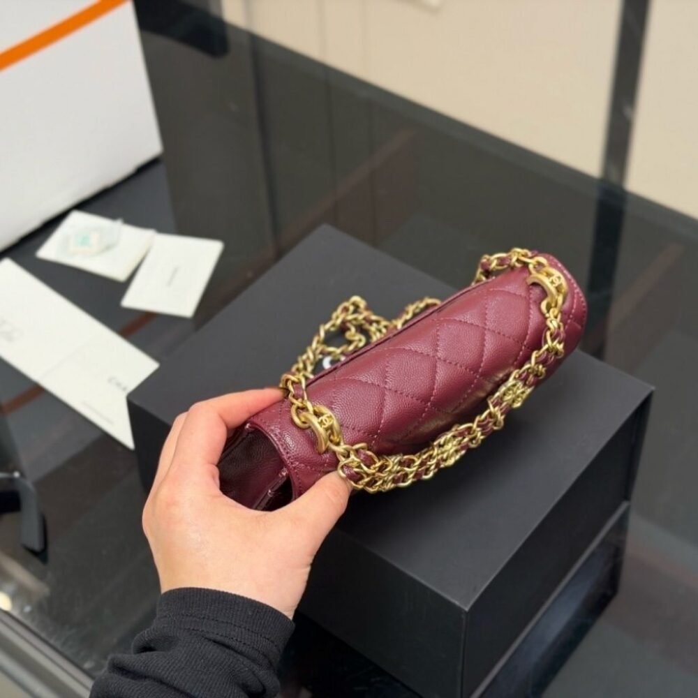 Chanel Wallet On Chain Gold Tone Metal Dark Burgundy 19Cm