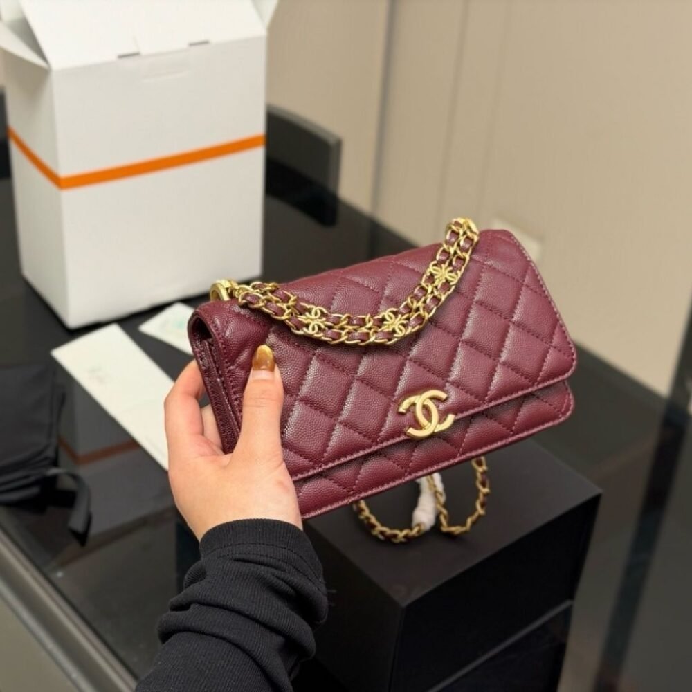 Chanel Wallet On Chain Gold Tone Metal Dark Burgundy 19Cm
