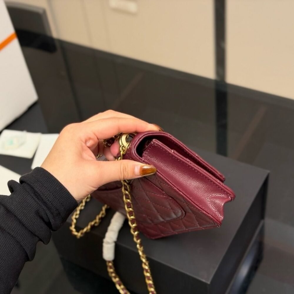 Chanel Wallet On Chain Gold Tone Metal Dark Burgundy 19Cm