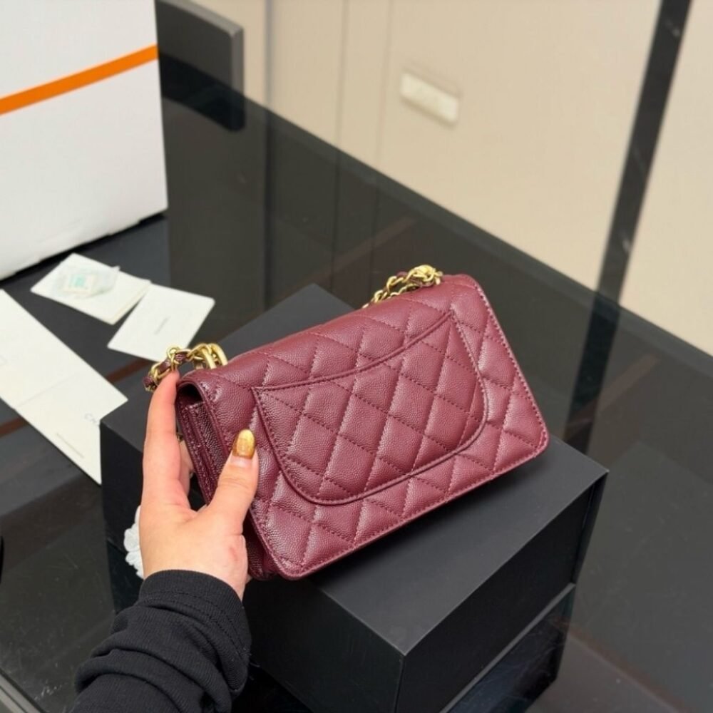 Chanel Wallet On Chain Gold Tone Metal Dark Burgundy 19Cm