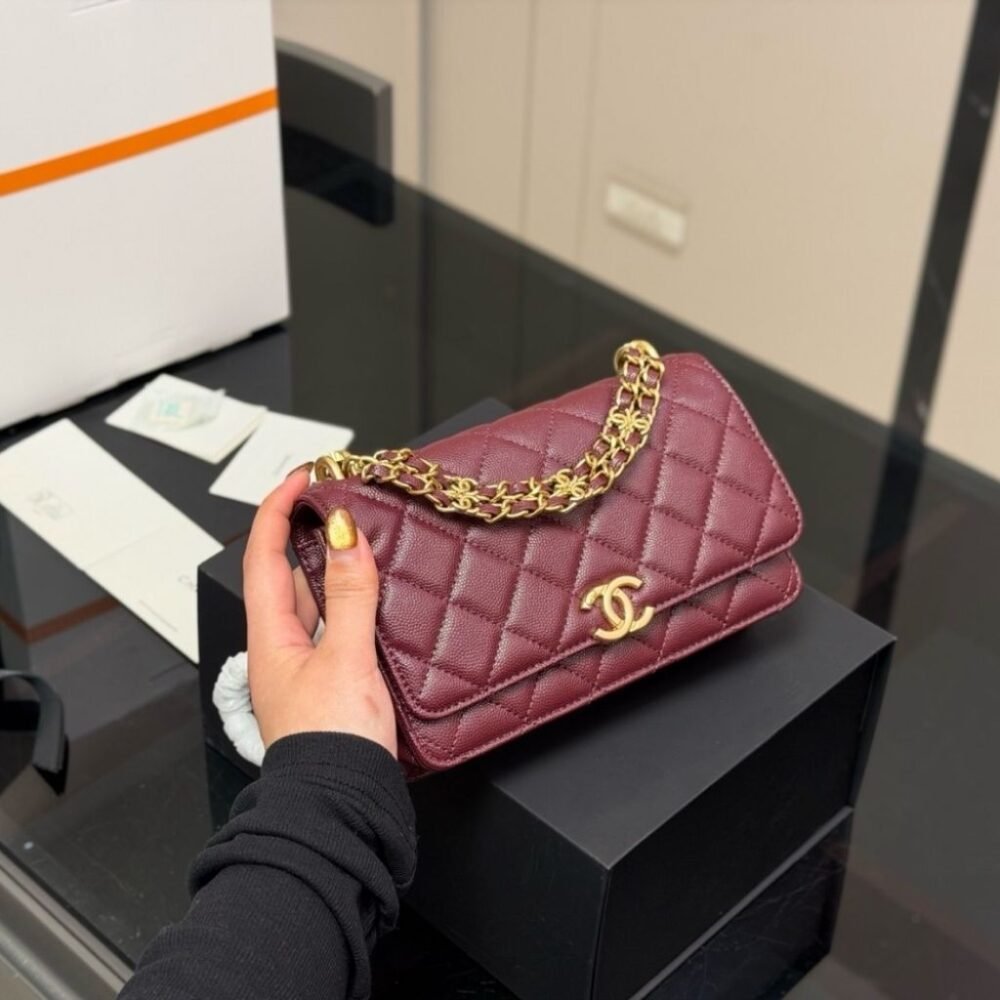 Chanel Wallet On Chain Gold Tone Metal Dark Burgundy 19Cm