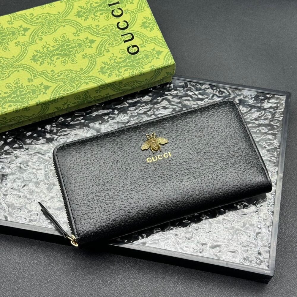 Gucci Animalier Leather Zip Around Wallet Black 19Cm 523667 DJ20T 1000
