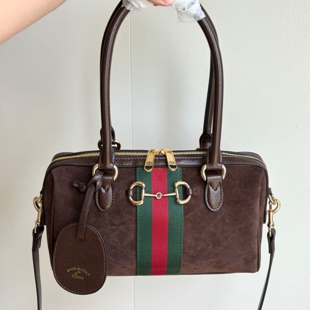 Gucci Borsetto Medium Boston Bag Suede Leather Dark Brown 28Cm 866732 AAGIR 2146