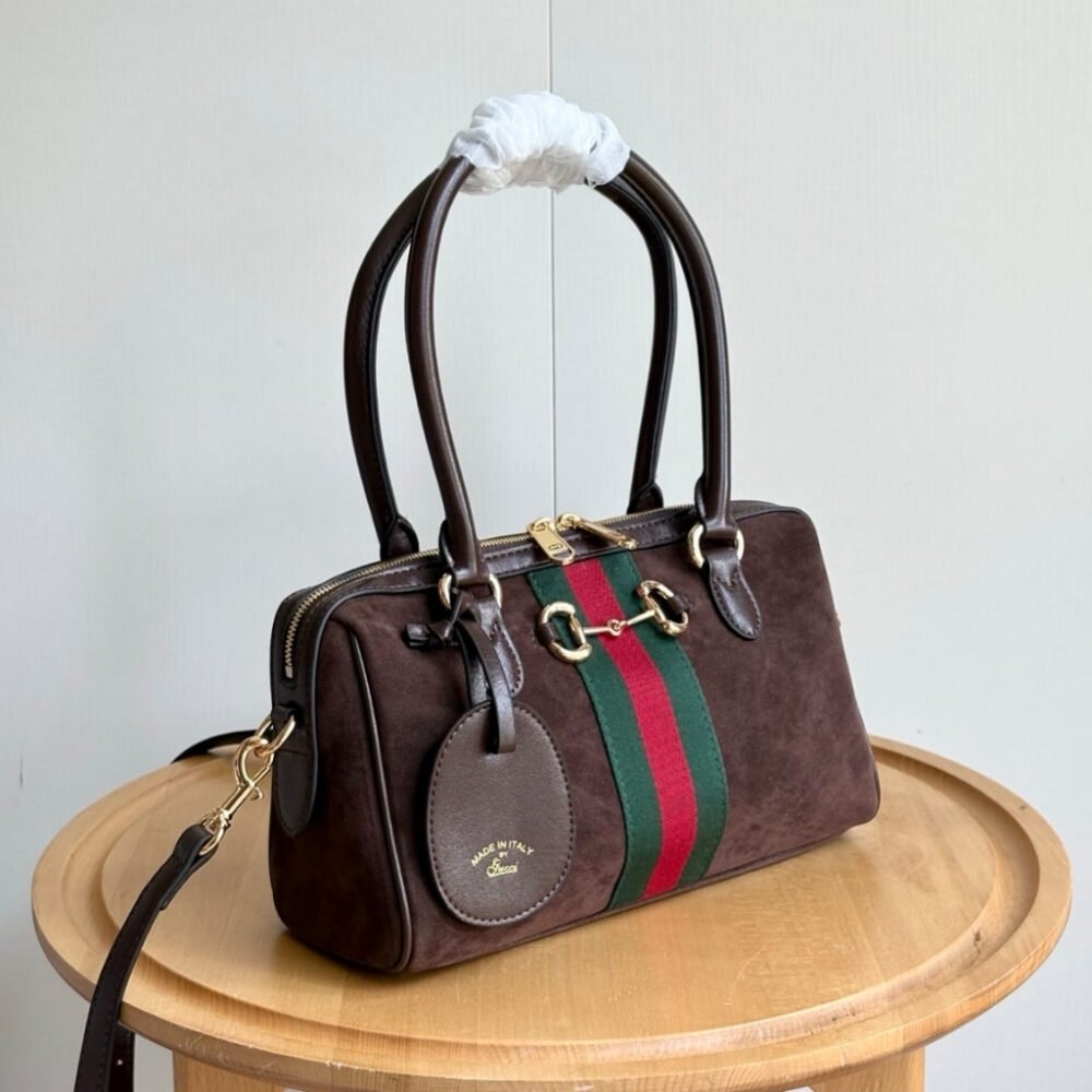 Gucci Borsetto Medium Boston Bag Suede Leather Dark Brown 28Cm 866732 AAGIR 2146