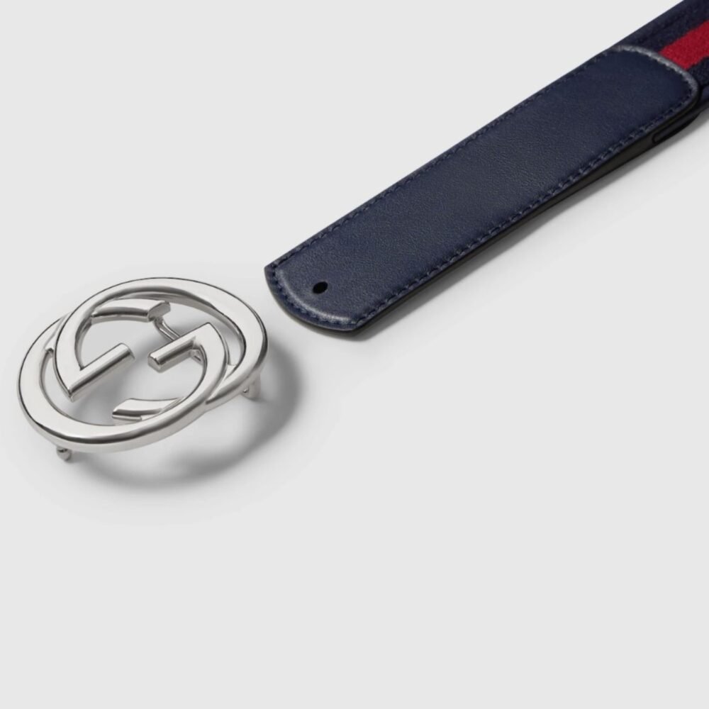 Gucci Elastic Web Belt With Interlocking G Buckle Blue And Red 38mm 432707 HAENN 8497