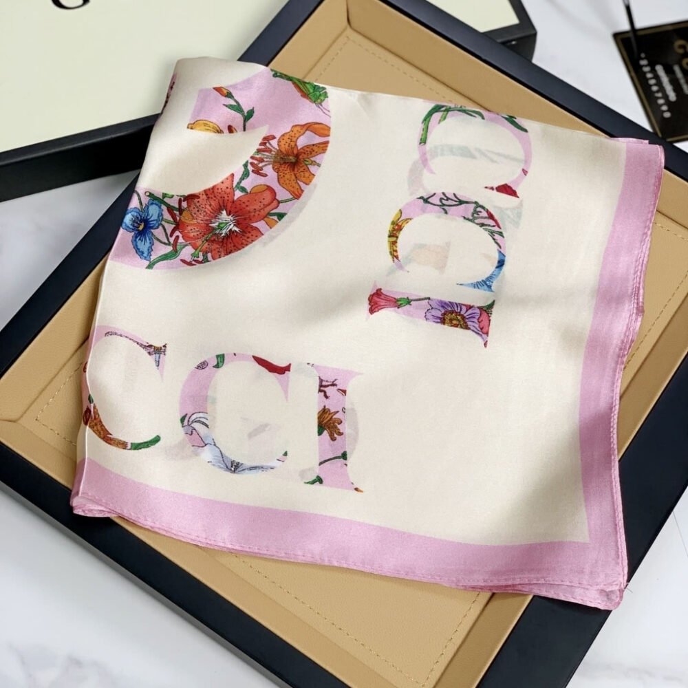 Gucci Flora Vintage Logo Print Silk Scarf Light Pink 70Cm