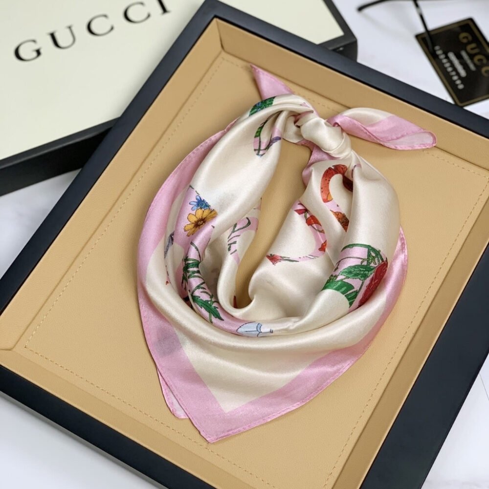 Gucci Flora Vintage Logo Print Silk Scarf Light Pink 70Cm