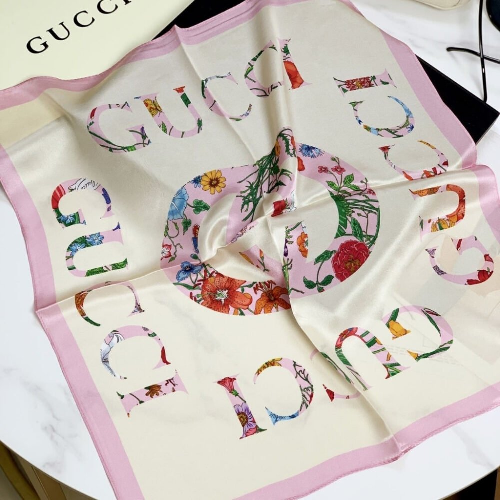Gucci Flora Vintage Logo Print Silk Scarf Light Pink 70Cm