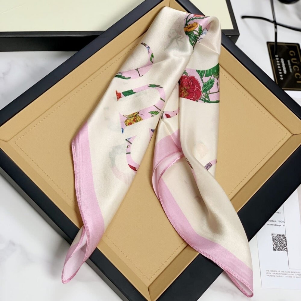 Gucci Flora Vintage Logo Print Silk Scarf Light Pink 70Cm