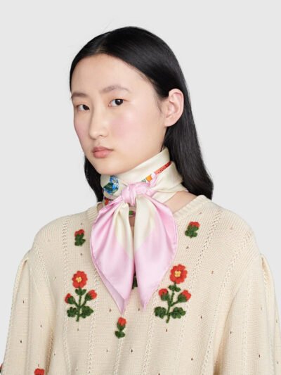 Gucci Flora Vintage Logo Print Silk Scarf Light Pink 70Cm
