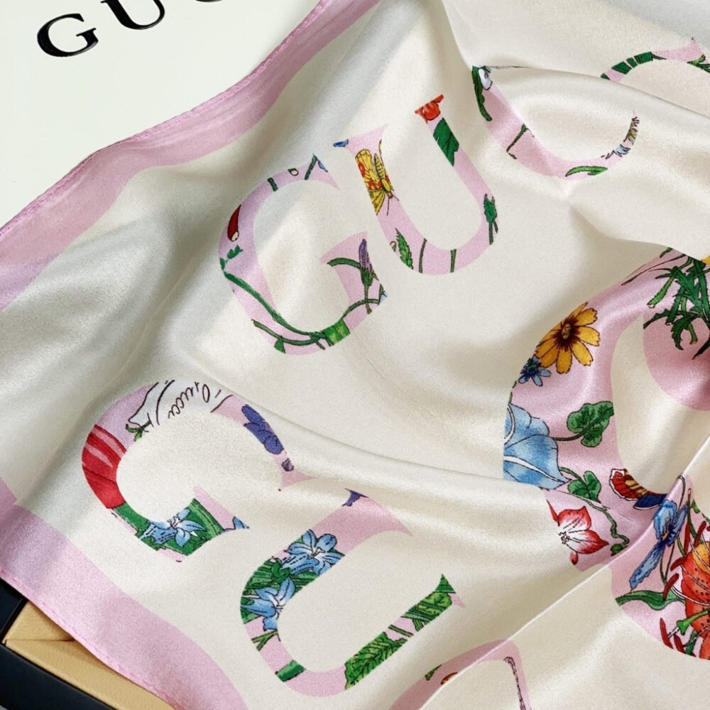 Gucci Flora Vintage Logo Print Silk Scarf Light Pink 70Cm