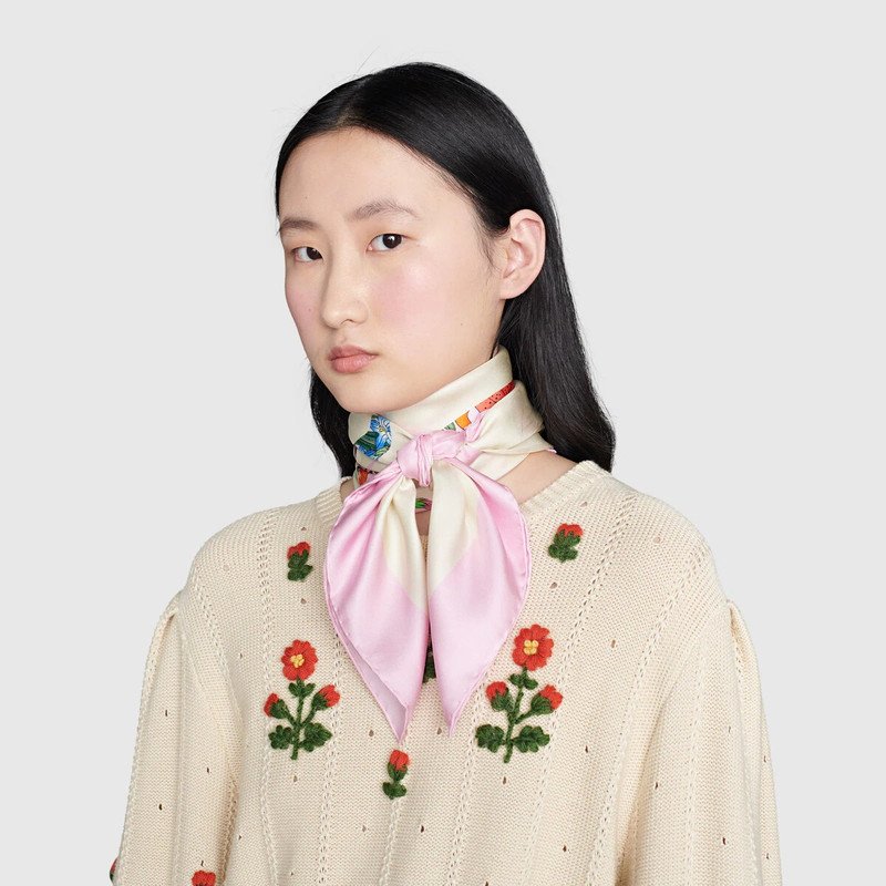 Gucci Flora Vintage Logo Print Silk Scarf Light Pink 70Cm