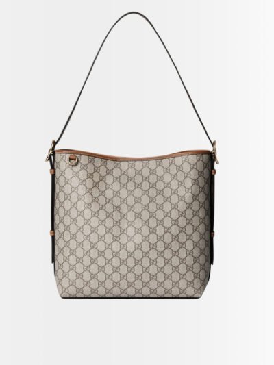 Gucci GG Emblem Medium Bucket Bag Beige And Dark Brown Fabric 31Cm 815103 FAD6L 9758