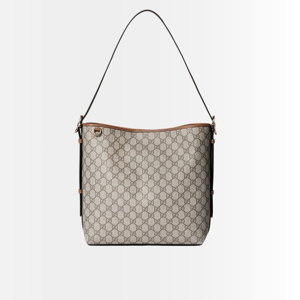 Gucci GG Emblem Medium Bucket Bag Beige And Dark Brown Fabric 31Cm 815103 FAD6L 9758