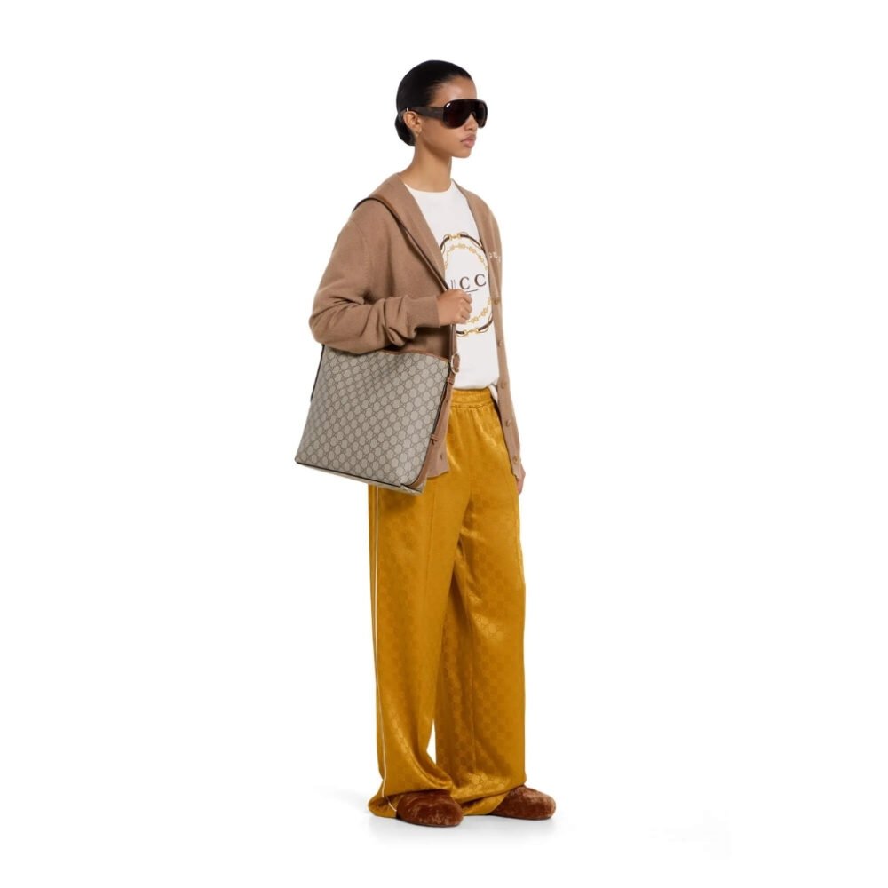 Gucci GG Emblem Medium Bucket Bag Beige And Dark Brown Fabric 31Cm 815103 FAD6L 9758