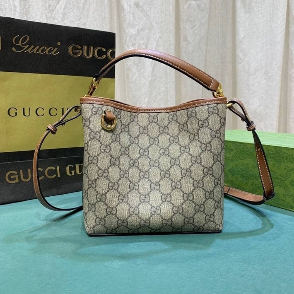 Gucci GG Emblem Mini Bucket Bag Beige And Dark Brown 19Cm 815118 FAD6L 9758