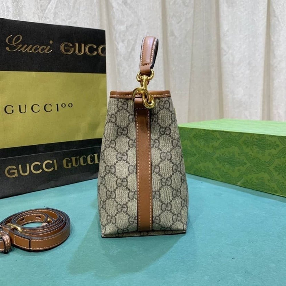 Gucci GG Emblem Mini Bucket Bag Beige And Dark Brown 19Cm 815118 FAD6L 9758