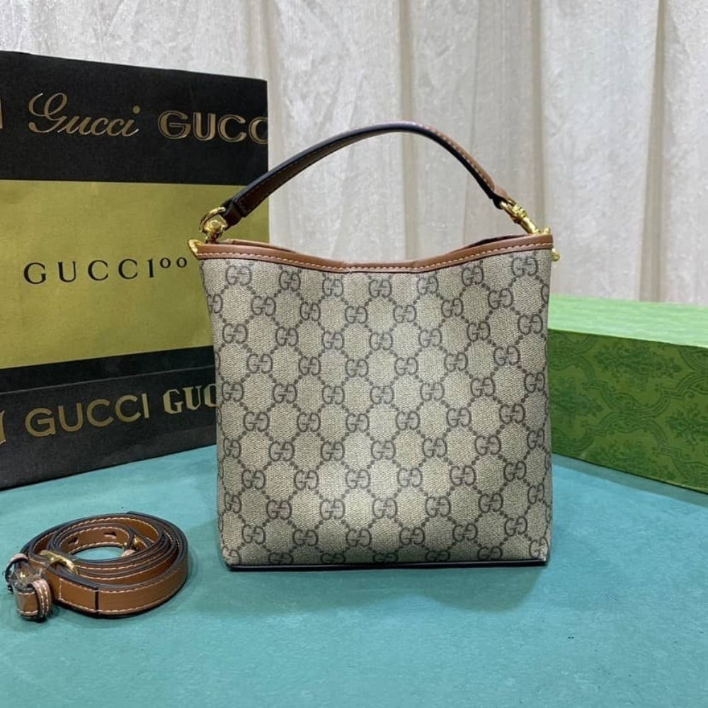 Gucci GG Emblem Mini Bucket Bag Beige And Dark Brown 19Cm 815118 FAD6L 9758