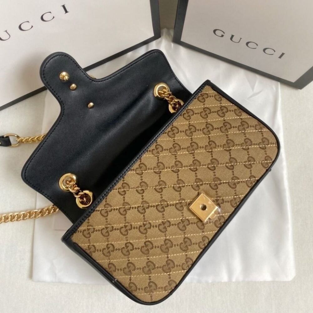 Gucci GG Marmont Small Shoulder Bag Beige Black 26Cm 443497 HVKEG 9772