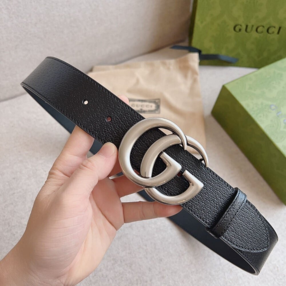 Gucci GG Marmont Wide Belt With Shiny Buckle Silver Black 406831 DJ20N 1000