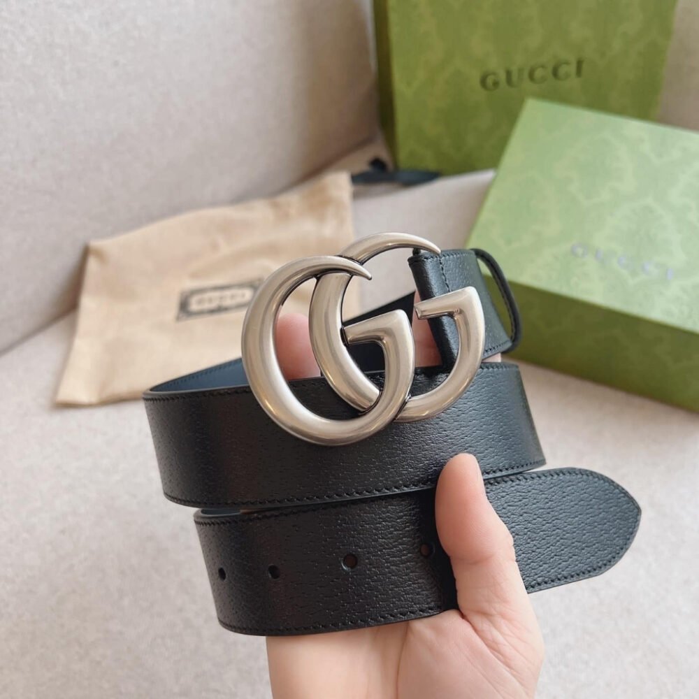 Gucci GG Marmont Wide Belt With Shiny Buckle Silver Black 406831 DJ20N 1000
