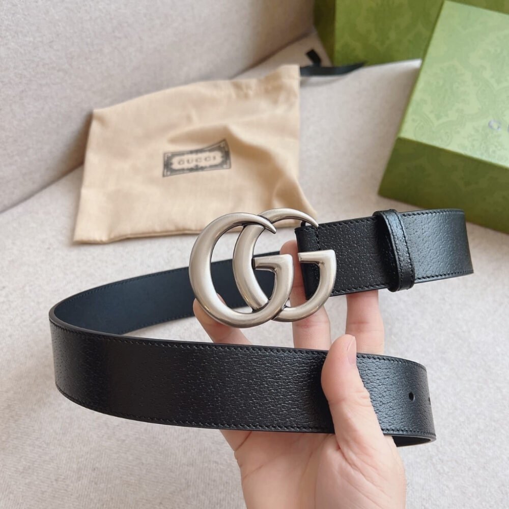 Gucci GG Marmont Wide Belt With Shiny Buckle Silver Black 406831 DJ20N 1000