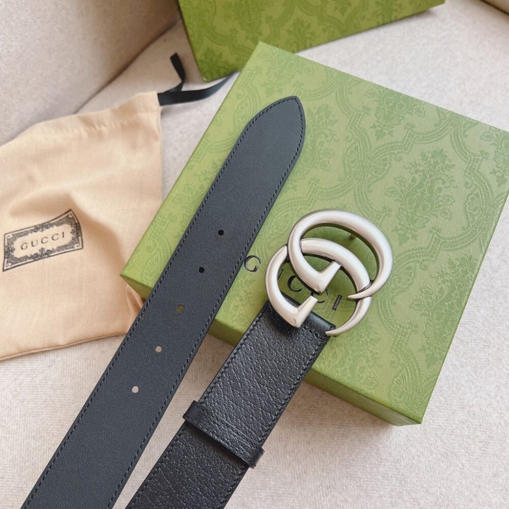 Gucci GG Marmont Wide Belt With Shiny Buckle Silver Black 406831 DJ20N 1000