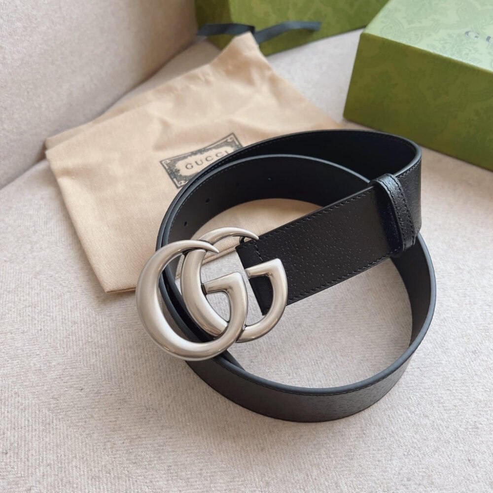 Gucci GG Marmont Wide Belt With Shiny Buckle Silver Black 406831 DJ20N 1000