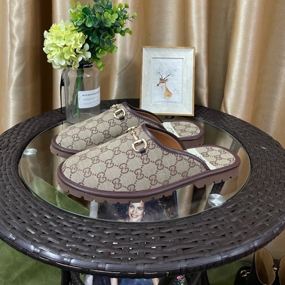 Gucci GG Slipper Horsebit Canvas Beige And Ebony 655571 96G60 9762