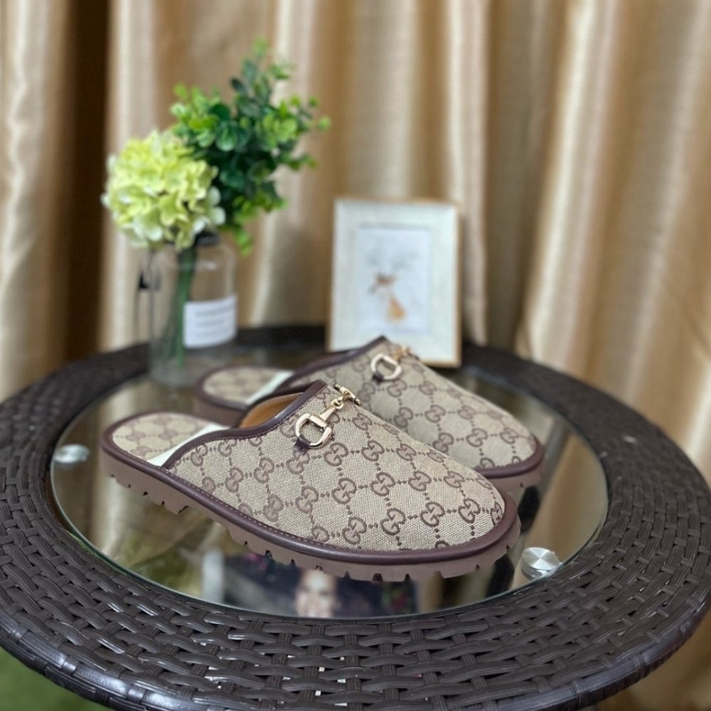 Gucci GG Slipper Horsebit Canvas Beige And Ebony 655571 96G60 9762