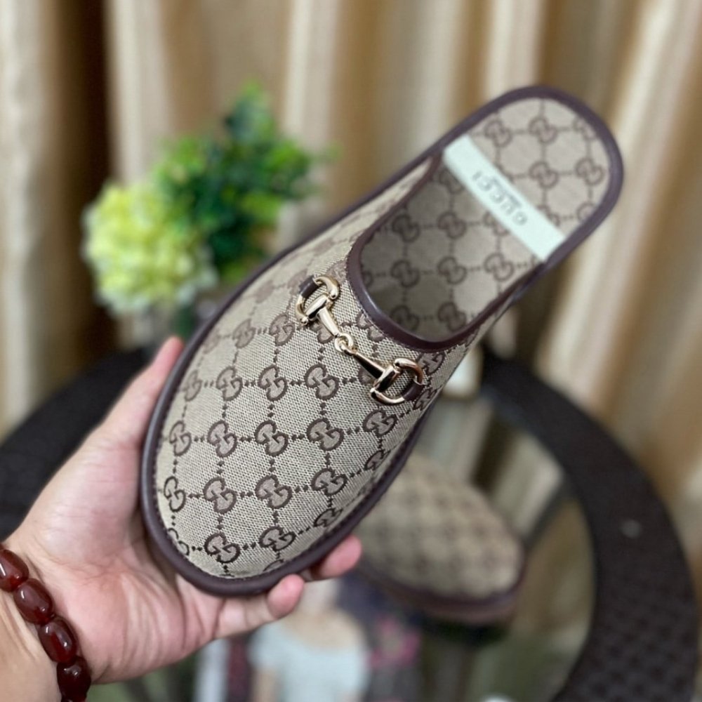 Gucci GG Slipper Horsebit Canvas Beige And Ebony 655571 96G60 9762