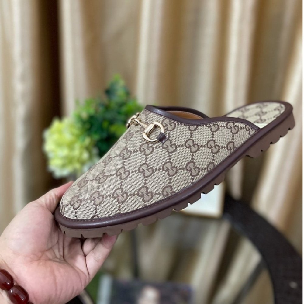 Gucci GG Slipper Horsebit Canvas Beige And Ebony 655571 96G60 9762