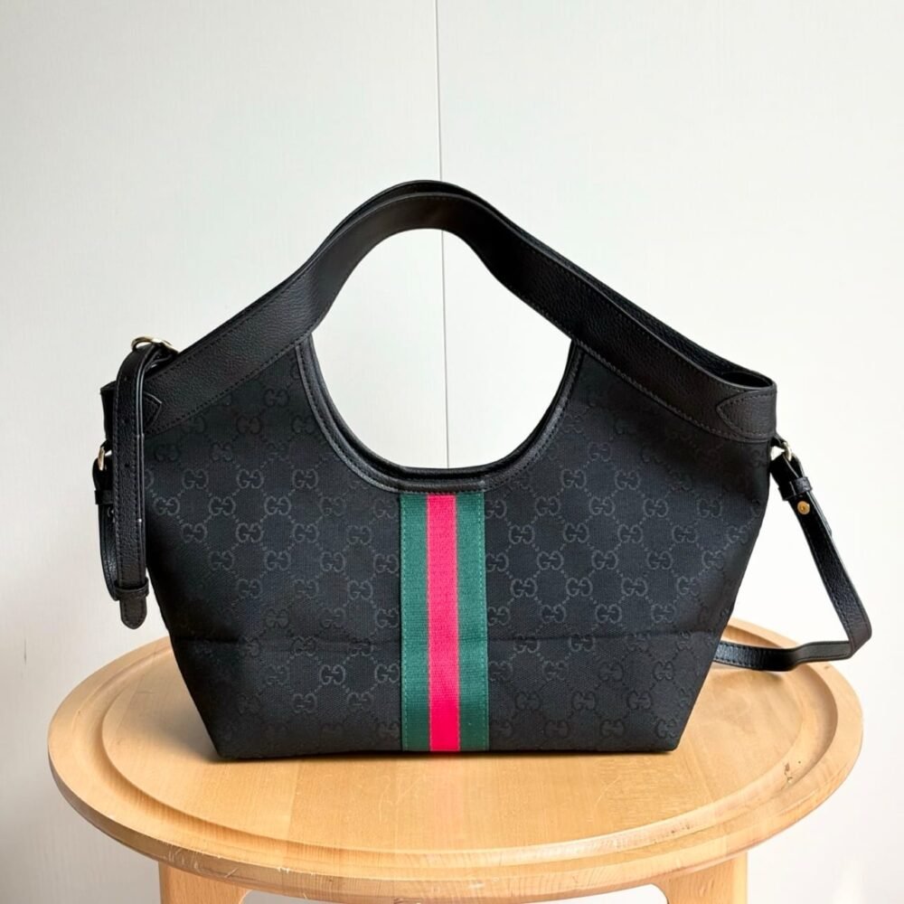 Gucci Giglio Small Tote Bag Black GG Canvas 25Cm 860845 FAFWA 1053