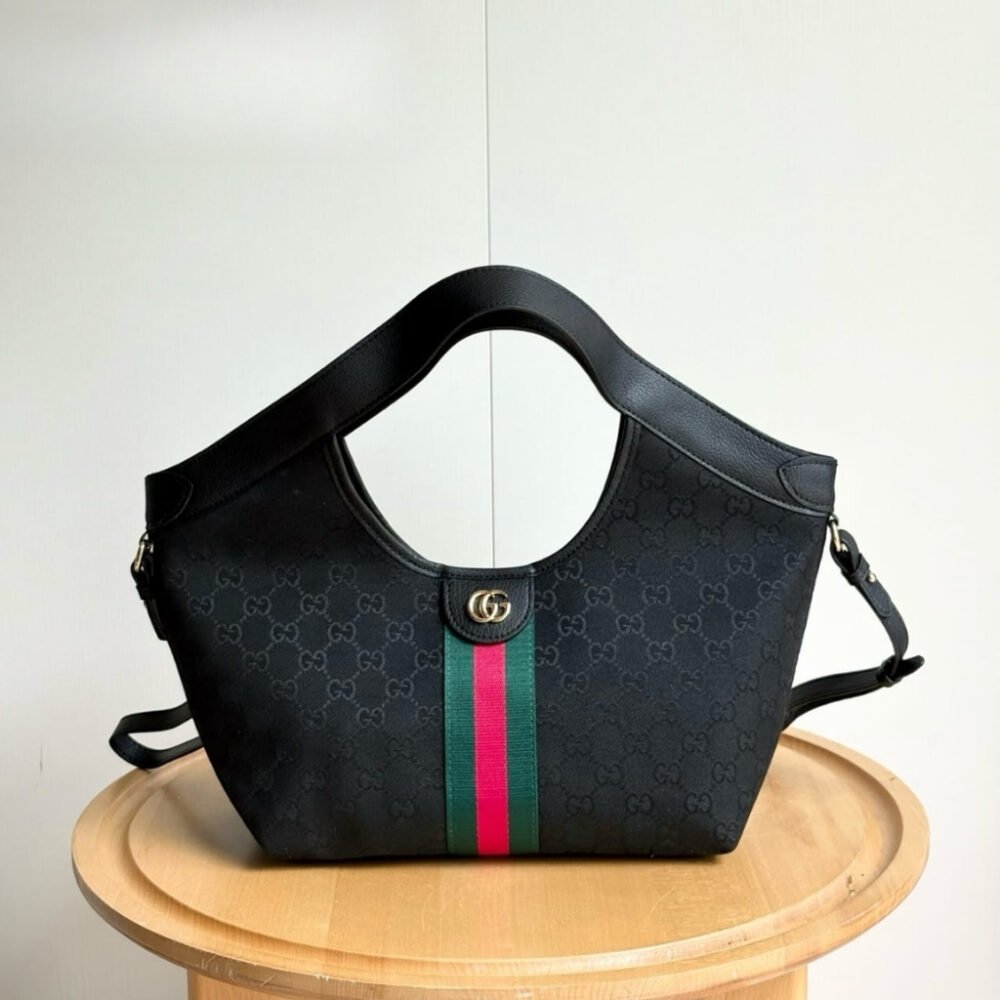 Gucci Giglio Small Tote Bag Black GG Canvas 25Cm 860845 FAFWA 1053