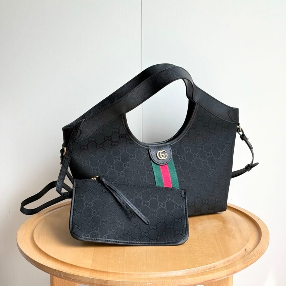 Gucci Giglio Small Tote Bag Black GG Canvas 25Cm 860845 FAFWA 1053