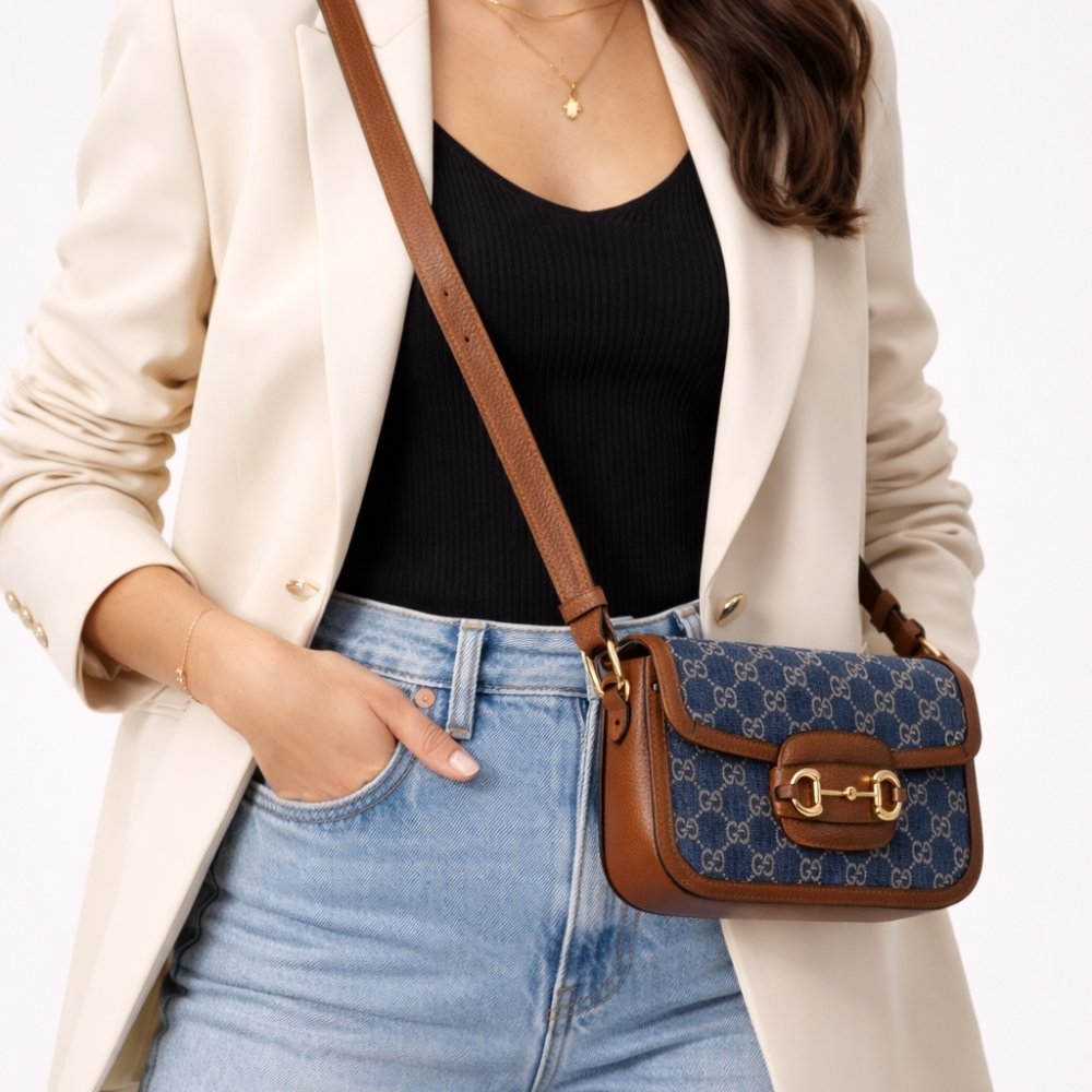 Gucci Horsebit 1955 Medium Monogram Canvas Blue And Ivory 25Cm
