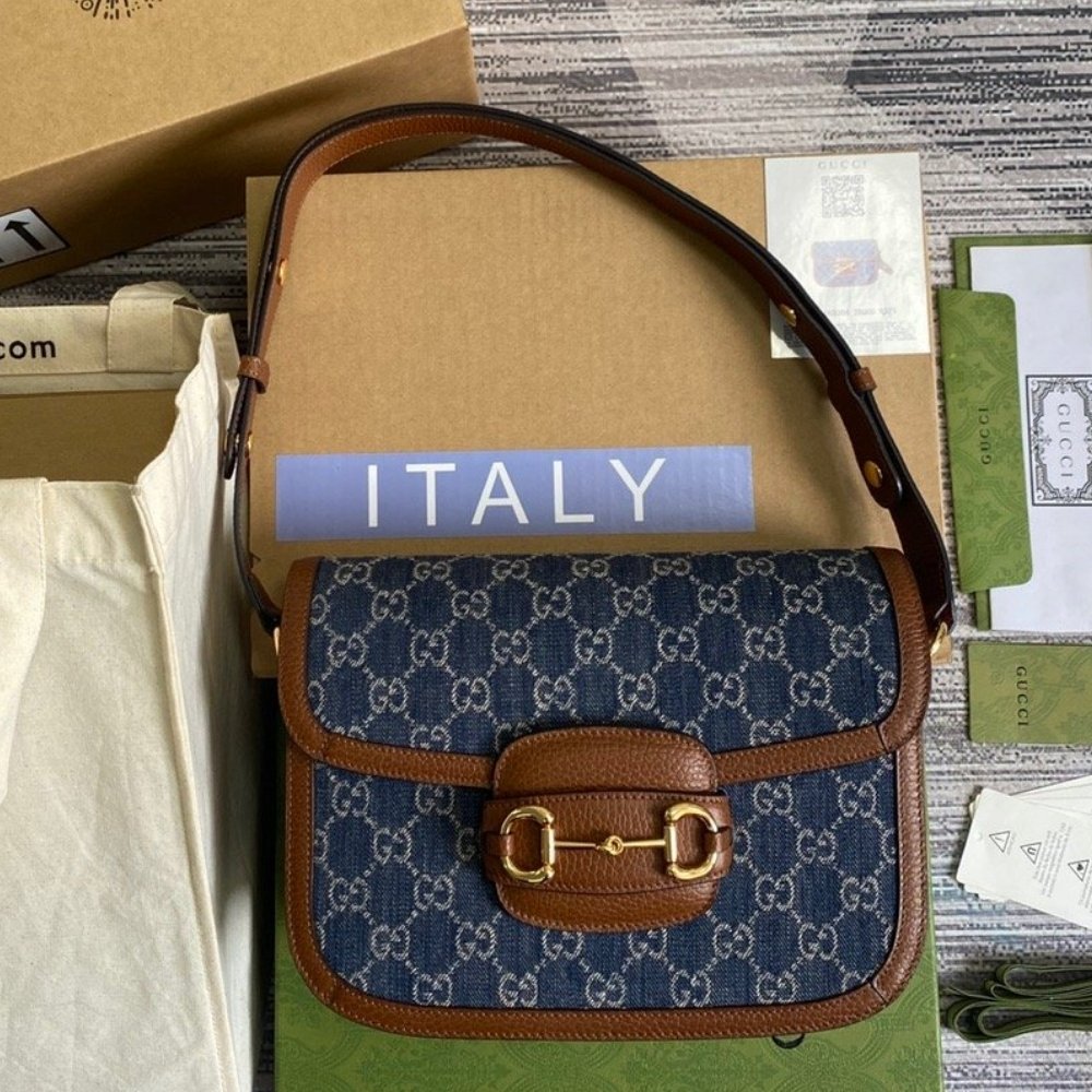 Gucci Horsebit 1955 Medium Monogram Canvas Blue And Ivory 25Cm