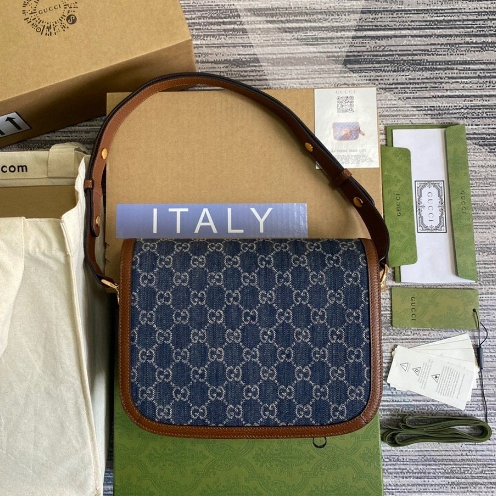Gucci Horsebit 1955 Medium Monogram Canvas Blue And Ivory 25Cm